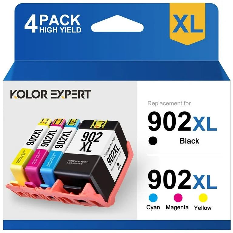 Compatible Replacement 4-Set High Yield Ink Cartridges for HP 902XL: 1 each of Black / Cyan / Magenta / Yellow