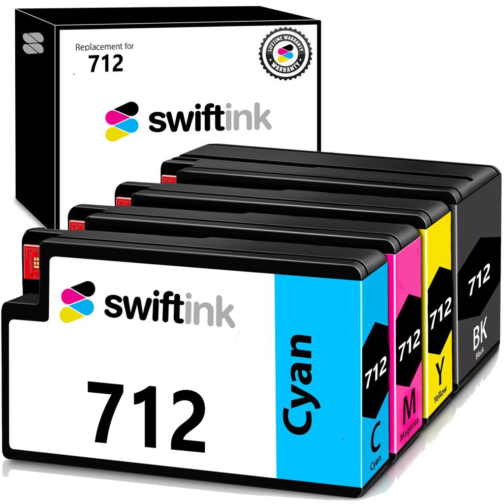 Remanufactured Set of 4 Ink Cartridges for HP 712: 1 each of Black / Cyan / Magenta / Yellow
