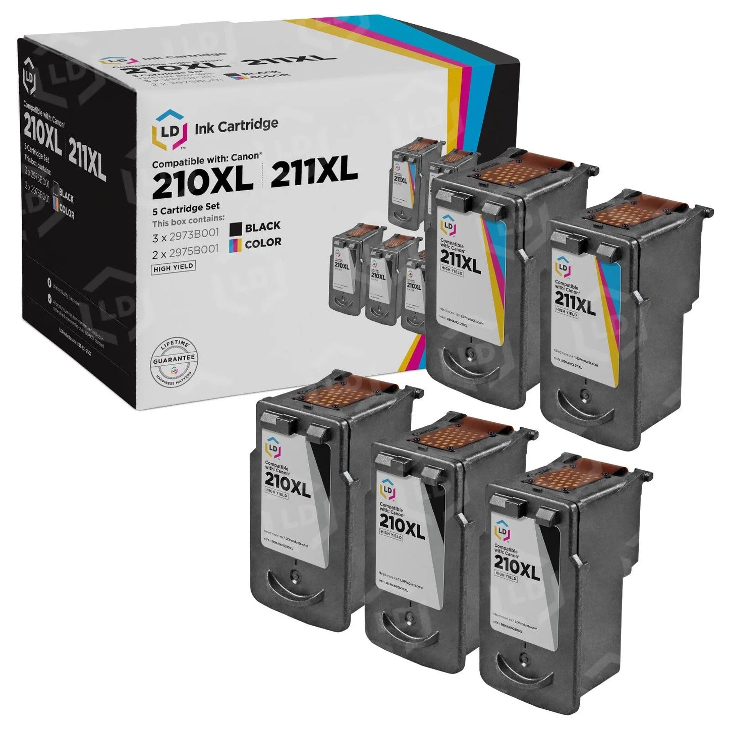 Remanufactured Canon PG-210XL and CL-211XL 5-Set High Yield Ink Cartridges: 3 Black and 2 Color