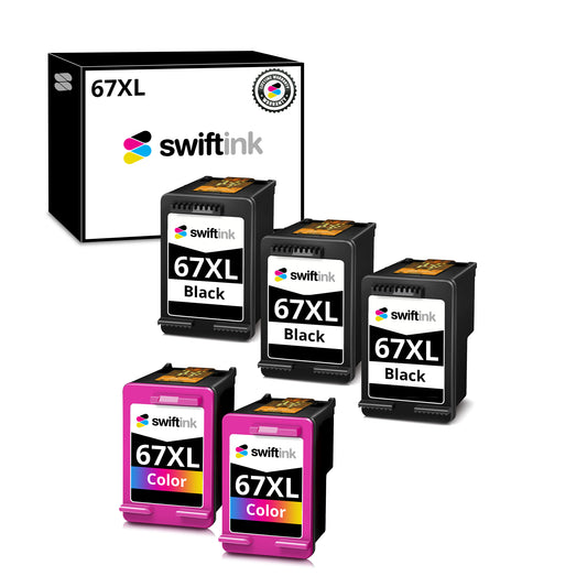 Set of 5 Remanufactured HP 67XL Ink Cartridges: 3 Each of 67XL HY Black and 2 Tri-Color