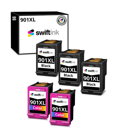 Remanufactured Hewlett Packard (HP) HP 901XL 5-Set High Yield Ink Cartridges: 3 Black and 2 Color