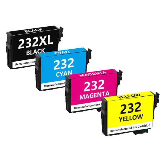 Remanufactured Epson 232XL 4-Set Ink Cartridges: 1 Black XL, 1 Standard Cyan, Magenta, Yellow