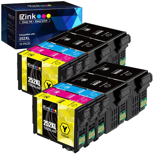 Remanufactured Bulk Set of 10 Ink Cartridges for Epson 252XL: 4 Black & 2 each of Cyan, Magenta, Yellow