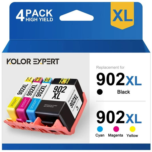 Compatible Replacement 4-Set High Yield Ink Cartridges for HP 902XL: 1 each of Black / Cyan / Magenta / Yellow