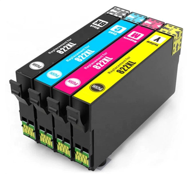 Remanufactured Bulk Set of 4 Ink Cartridges for Epson 822XL: 1 Each of HY Black, Cyan, Magenta & Yellow