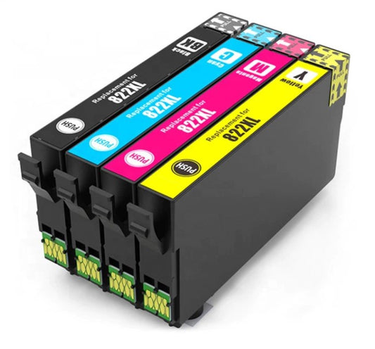 Remanufactured Bulk Set of 4 Ink Cartridges for Epson 822XL: 1 Each of HY Black, Cyan, Magenta & Yellow