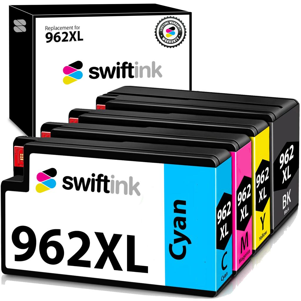 Compatible Replacement 4-Set High Yield Ink Cartridges for HP 962XL: 1 each of Black / Cyan / Magenta / Yellow