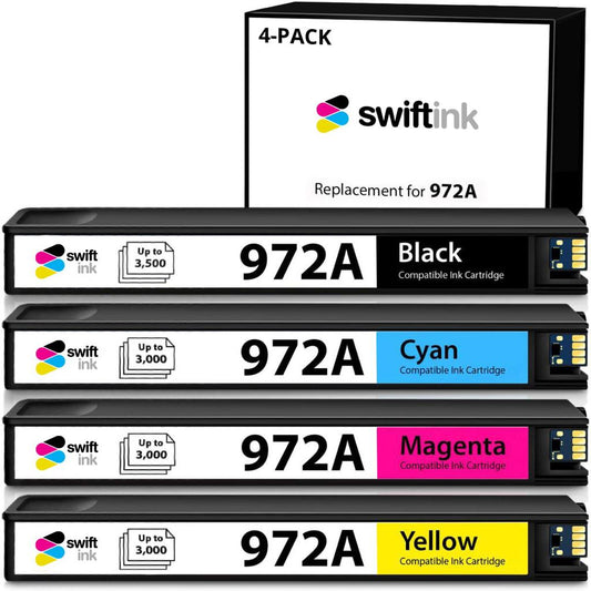 Compatible Replacement 4-Set Ink Cartridges for HP 972A: 1 Black, Cyan, Magenta, Yellow