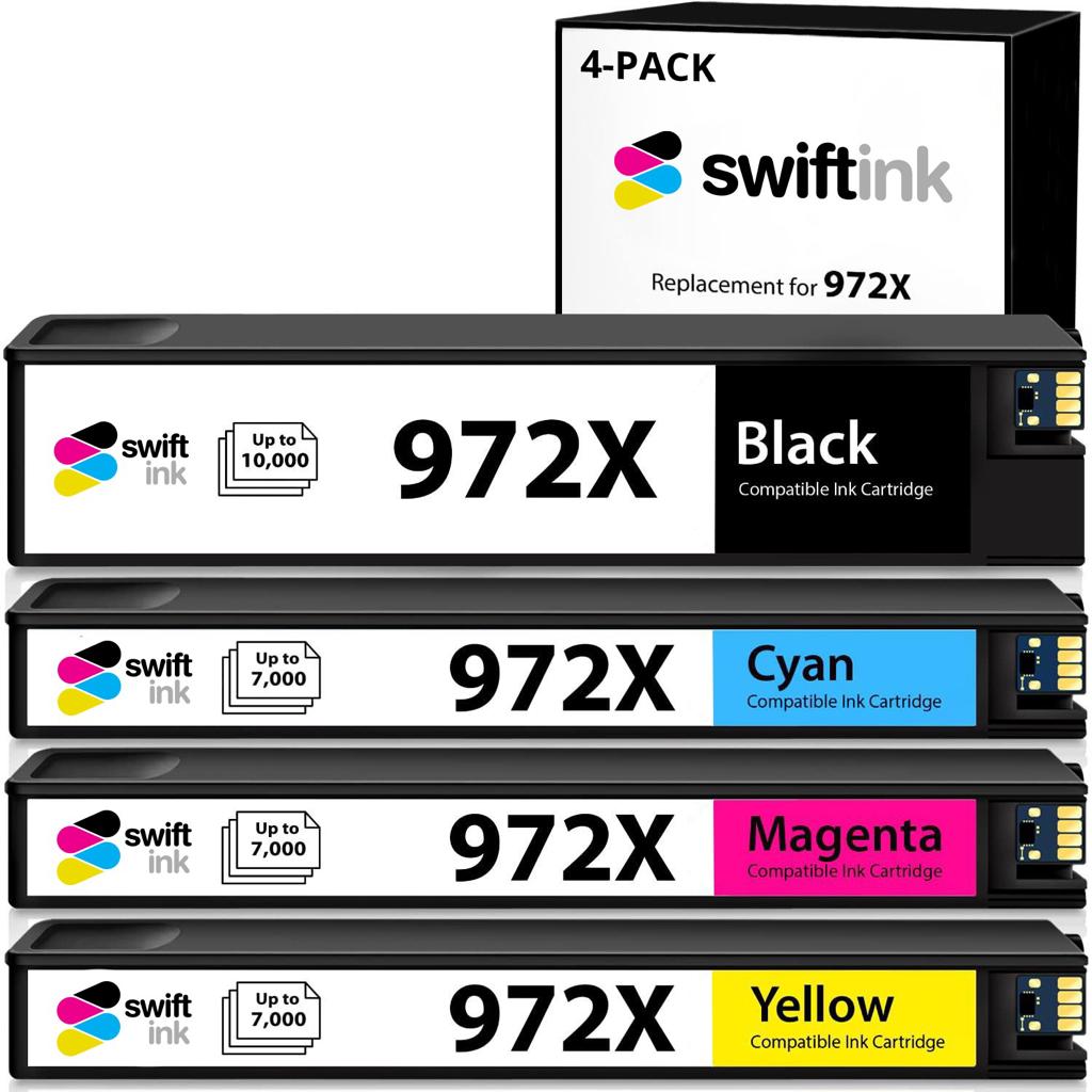 Compatible Replacement 4-Set High Yield Ink Cartridges for HP 972X: 1 Black, Cyan, Magenta, Yellow
