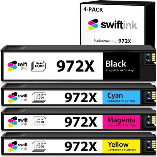Compatible Replacement 4-Set High Yield Ink Cartridges for HP 972X: 1 Black, Cyan, Magenta, Yellow