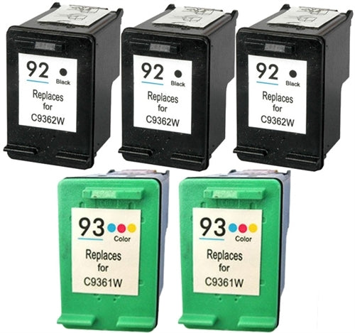 Remanufactured Replacement Set of 5 – 3 Black & 2 Color Ink Cartridges for HP 92 and HP 93