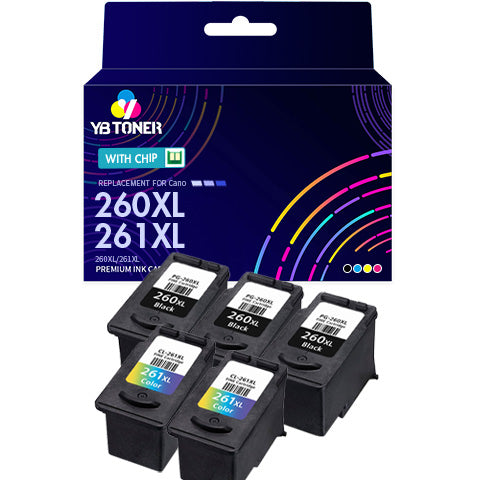 Remanufactured Canon PG-260XL and CL-261XL 5-Set High Yield Ink Cartridges: 3 Black and 2 Color