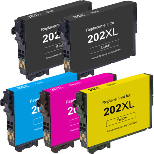 Remanufactured Epson 202XL 5-Set Ink Cartridges: 2 Black and 1 each of Cyan / Magenta / Yellow