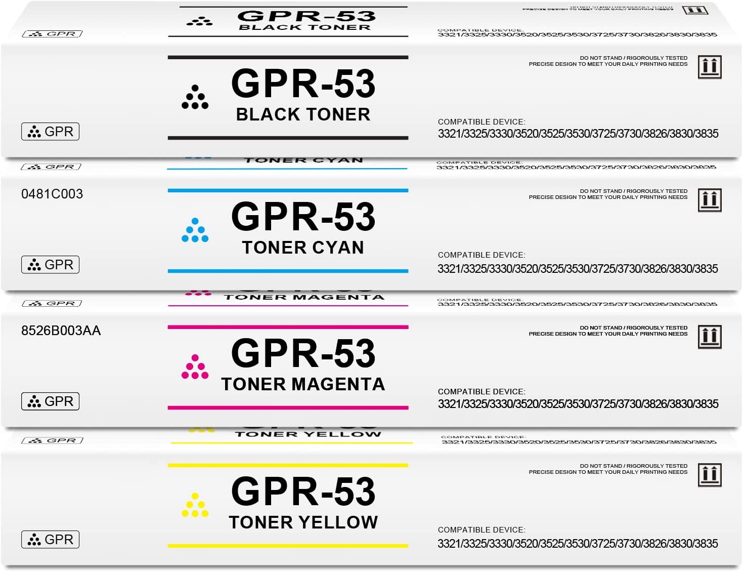 Compatible Canon GPR-53 Bulk Set of 4 Toner Cartridges: 1 Each of Black, Cyan, Magenta, Yellow