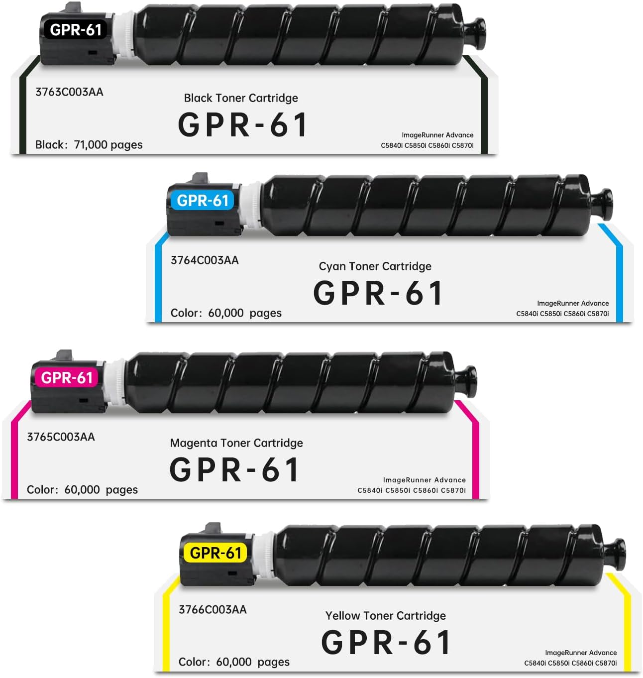 Compatible Canon GPR-61 Bulk Set of 4 Toner Cartridges: 1 Each of Black, Cyan, Magenta, Yellow