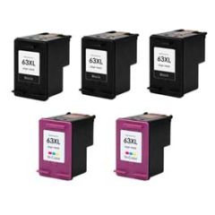 Remanufactured HP 63XL 5-Set High Yield Ink Cartridges: 3 Black and 2 Color