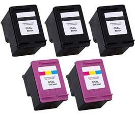 Remanufactured Hewlett Packard (HP) HP 65XL 5-Set High Yield Ink Cartridges: 3 Black and 2 Color