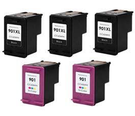 Remanufactured Hewlett Packard (HP) HP 901XL 5-Set High Yield Ink Cartridges: 3 Black and 2 Color