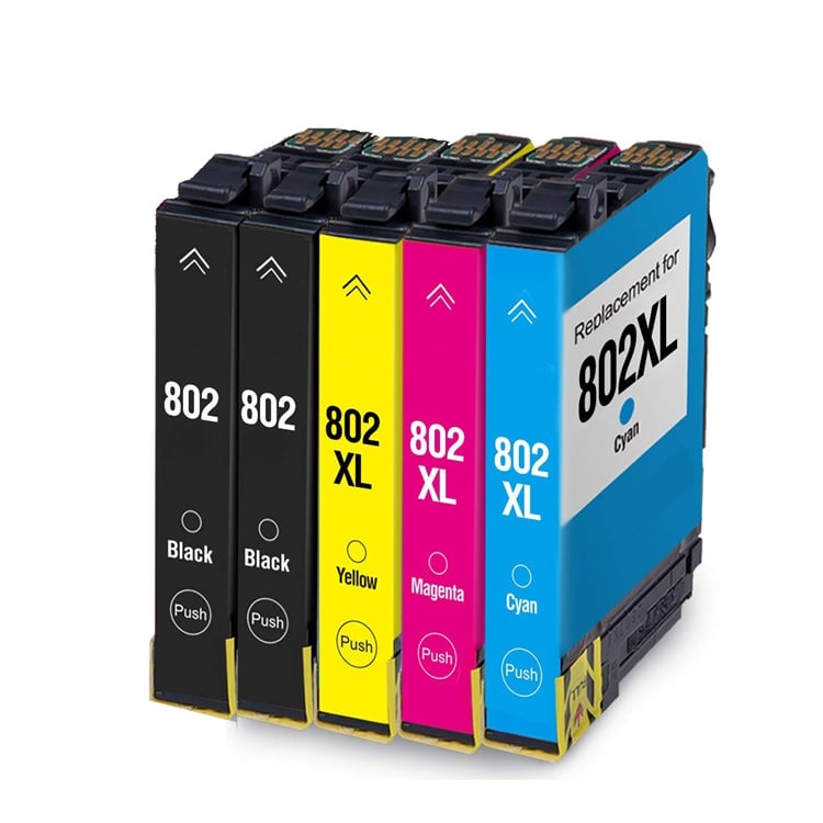 Remanufactured Epson 802/802XL 5-Set Ink Cartridges: 2 Standard Black and 1 each of XL Cyan / Magenta / Yellow