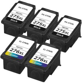 Remanufactured Canon PG-275XL and CL-276XL 5-Set High Yield Ink Cartridges: 3 Black and 2 Color