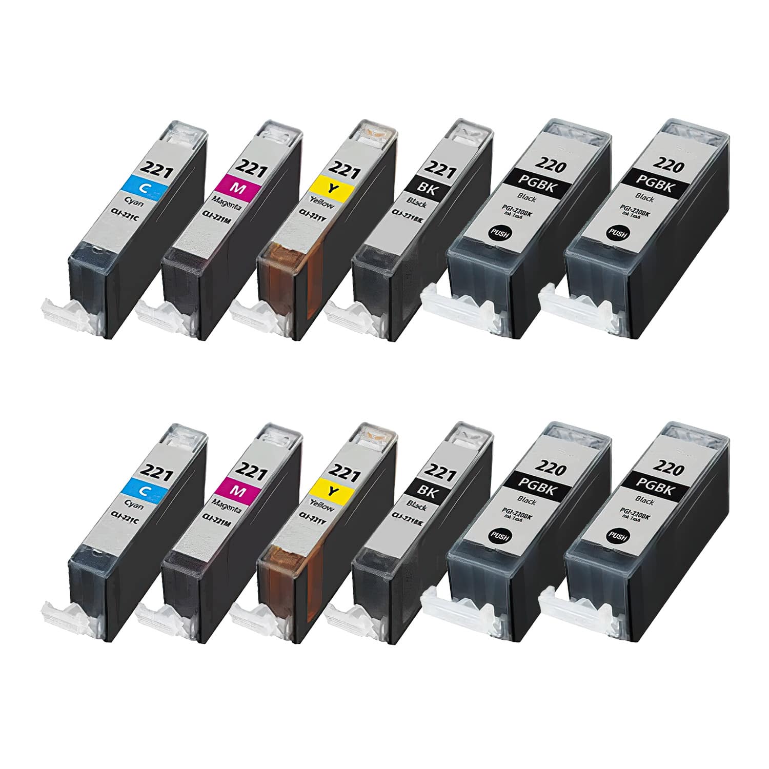 Compatible canon pgi-220 &#038; cli-221 set of 12 ink cartridges: 4 pigment black pgi-220, 2 each of cli221 b/c/m/y
