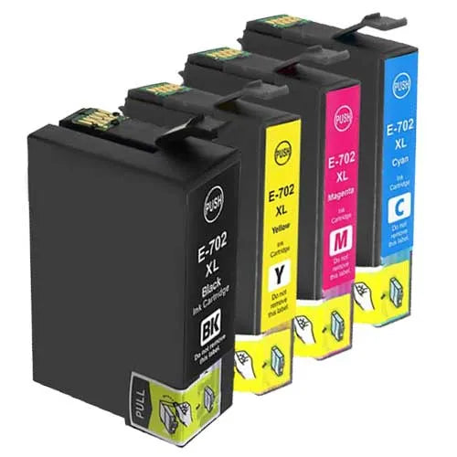 Remanufactured Epson 702XL 4-Set Ink Cartridges: 1 each of Black / Cyan / Magenta / Yellow