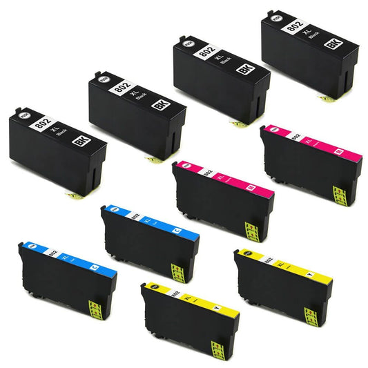 Remanufactured Epson 802XL 10-Set Ink Cartridges: 4 Black and 2 each of Cyan / Magenta / Yellow
