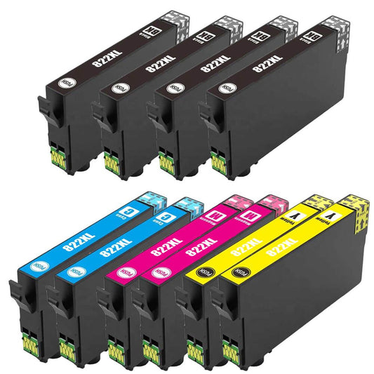 Remanufactured Epson 822XL 10-Set Ink Cartridges: 4 Black & 2 each of Cyan / Magenta / Yellow