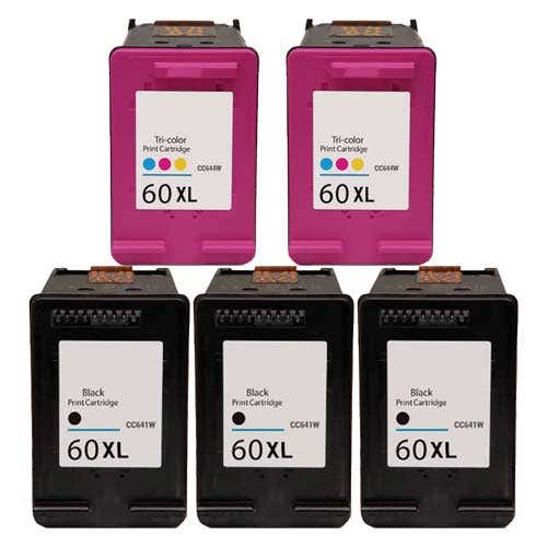 Remanufactured Hewlett Packard (HP) HP 60XL 5-Set High Yield Ink Cartridges: 3 Black and 2 Color