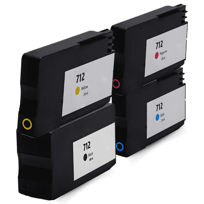 Remanufactured Set of 4 Ink Cartridges for HP 712: 1 each of Black / Cyan / Magenta / Yellow