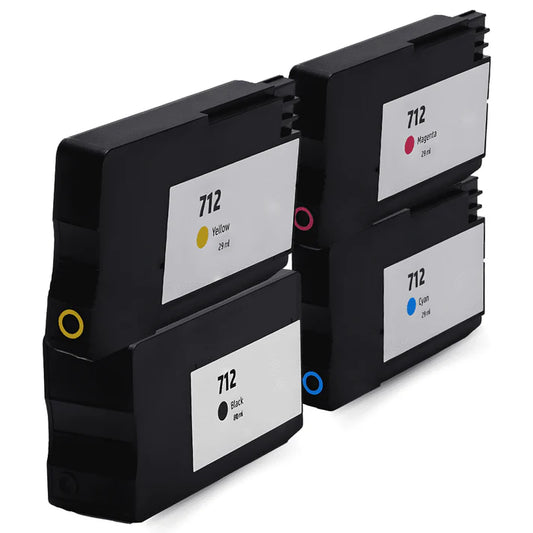 Remanufactured Set of 4 Ink Cartridges for HP 712: 1 each of Black / Cyan / Magenta / Yellow
