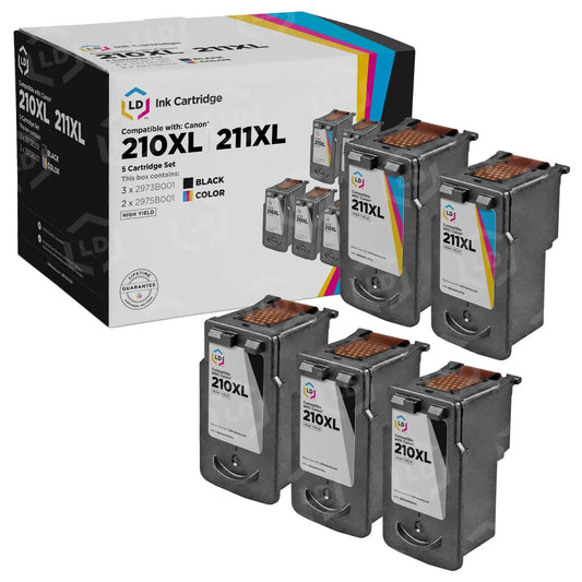 Remanufactured Canon PG-210XL and CL-211XL 5-Set High Yield Ink Cartridges: 3 Black and 2 Color
