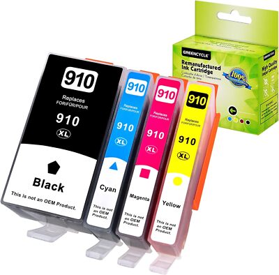 Compatible HP 910XL 4-Set High Yield Ink Cartridges: 1 each of Black / Cyan / Magenta / Yellow