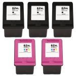 Remanufactured Replacement Set of 5 – 3 Black & 2 Color Ink Cartridges for HP 62XL
