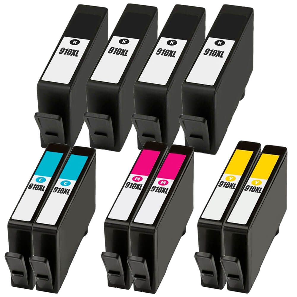 Compatible HP 910XL 10-Set High Yield Ink Cartridges: 4 Black & 2 each of Cyan / Magenta / Yellow