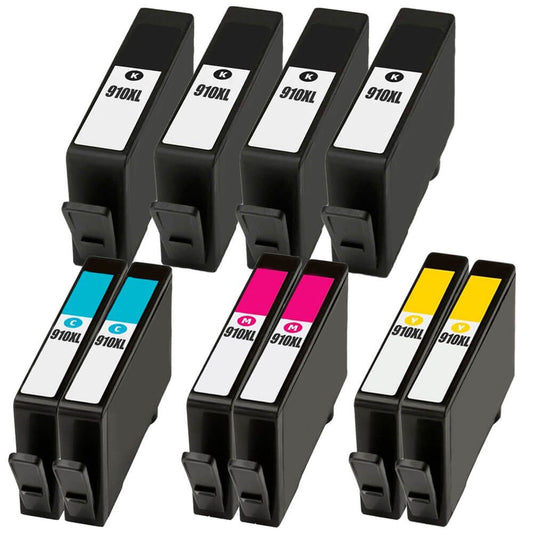 Compatible HP 910XL 10-Set High Yield Ink Cartridges: 4 Black & 2 each of Cyan / Magenta / Yellow